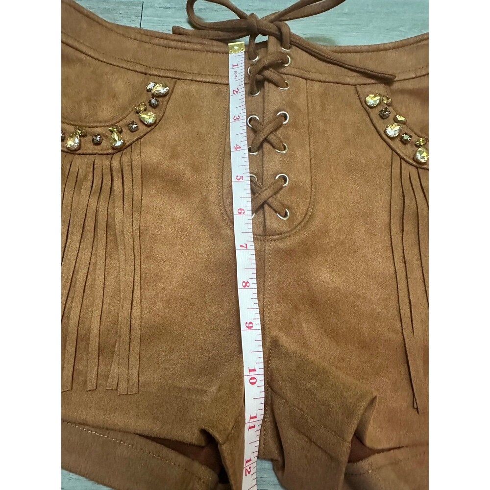 Steve Madden Brown Fringe Suede-Look Lace-Up Shorts S - Picture 9 of 11